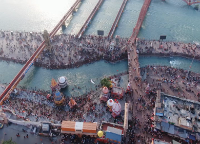 1st April 2021:  An aerial shot crowd of people at Kumbh Mela in Haridwar,Uttarakhand,India
