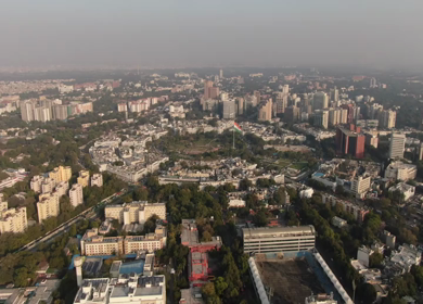 An aerial shot of Connaught Place at New Delhi, India
