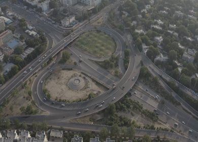 An aerial shot of the AIIMS flyover during COVID-19 lockdown in New Delhi, India