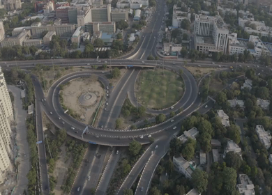 An aerial shot of the AIIMS flyover during COVID-19 lockdown in New Delhi, India