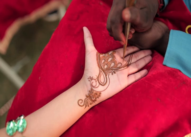 A Slow Motion Shot of Applying Mehndi on Bride's hand at her Indian Wedding in India