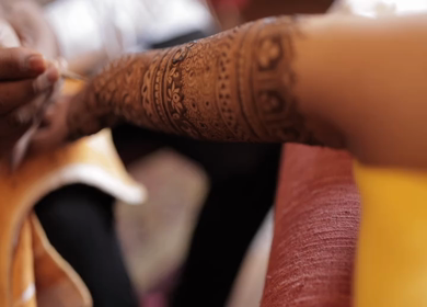 A Slow Motion Shot of Applying Mehndi on Bride's hand at her Indian Wedding in India