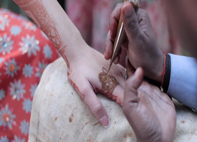 A Slow Motion Shot of Applying Mehndi on Bride's hand at her Indian Wedding in India