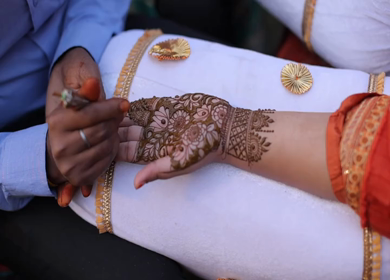 A Slow Motion Shot of Applying Mehndi on Bride's hand at her Indian Wedding in India