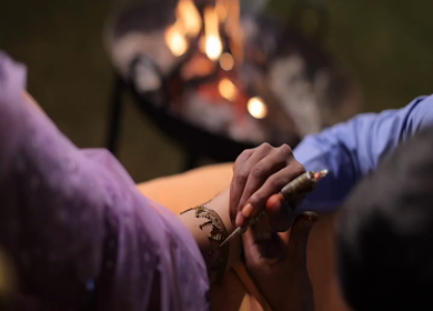 A Slow Motion Shot of Applying Mehndi on Bride's hand at her Indian Wedding in India