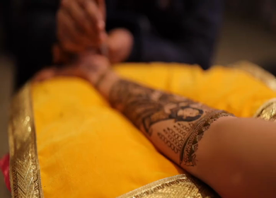 A Slow Motion Shot of Applying Mehndi on Bride's hand at her Indian Wedding in India