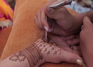 A Slow Motion Shot of Applying Mehndi on Bride's hand at her Indian Wedding in India