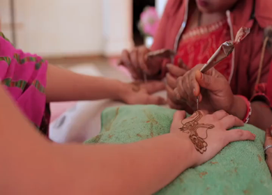A Slow Motion Shot of Applying Mehndi on Bride's hand at her Indian Wedding in India