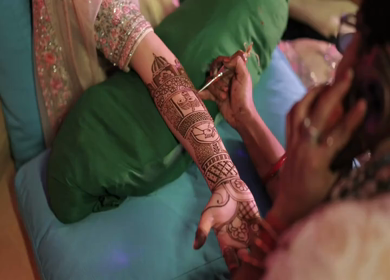A Slow Motion Shot of Applying Mehndi on Bride's hand at her Indian Wedding in India