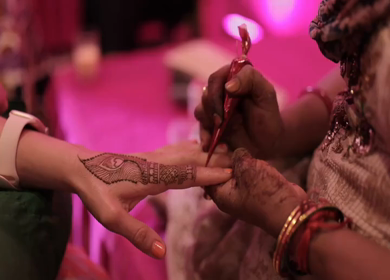 A Slow Motion Shot of Applying Mehndi on Bride's hand at her Indian Wedding in India