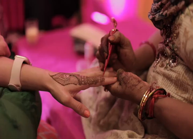 A Slow Motion Shot of Applying Mehndi on Bride's hand at her Indian Wedding in India