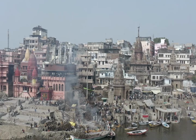 An Aerial shot of Funeral taking place at Ganga Ghat Varansi, Uttar Pradesh,India