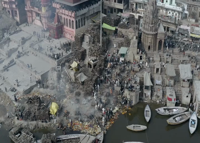 An Aerial shot of Funeral taking place at Ganga Ghat Varansi, Uttar Pradesh,India