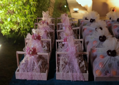 A Slow Motion Shot of Gifts and Hampers at an Indian Wedding Venue in India