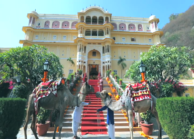 9th February,2019:  A slow motion Shot of the venue of an Indian Wedding with camels standing 