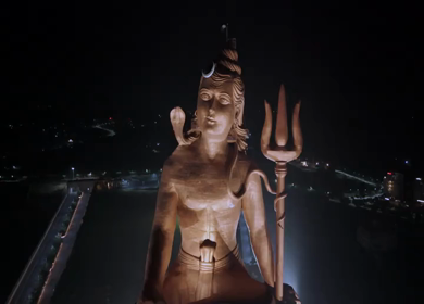 Aerial Drone Night View of Statue of Belief, the world’s tallest Shiva statue, Rajasthan, India