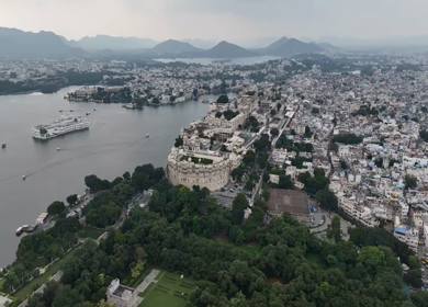 Aerial Drone Shot of City Palace, Udaipur, Rajasthan, India