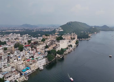 Aerial Drone Shot of City Palace, Udaipur, Rajasthan, India