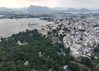 Aerial Drone Shot of City Palace, Udaipur, Rajasthan, India