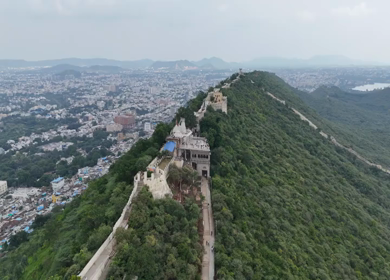 Aerial Drone View of Shri Manshapurna Karni Mata Temple, Udaipur, Rajasthan, India