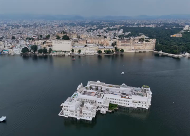 Aerial Drone View of Taj Lake Palace, Udaipur, Rajasthan, India