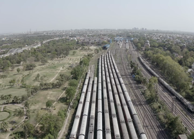 An aerial shot of the trains on standstill position during Covid-19 