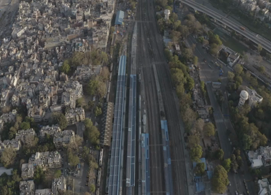 An aerial shot of Empty Railway Station during Covid-19 Lockdown, India