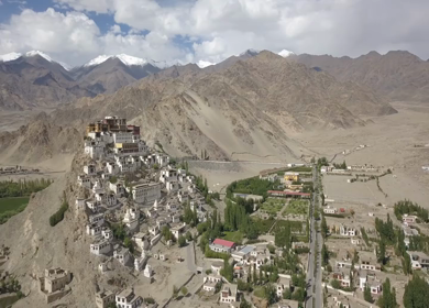 An aerial shot of Leh city at Ladakh