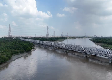 Aerial Drone View of Lohapul, Old Yamuna Bridge, Delhi, India – High Water Levels, 2025 Rains