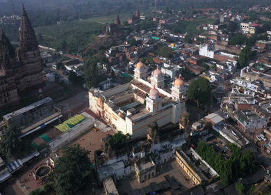 An Aerial Shot of Chaturbhuj Temple and Shri Ram Raja Mandir at Orchha, Madhya Pradesh, India