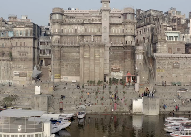 An Aerial shot of Darbhanga Ghat at Ganga River at Varansi,Banaras, Uttar Pradesh,India