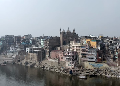 An Aerial shot of Ganga Ghat at Ganga River at Varansi,Banaras, Uttar Pradesh,India