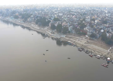 An Aerial shot of Ganga Ghat at Ganga River at Uttar Pradesh,India