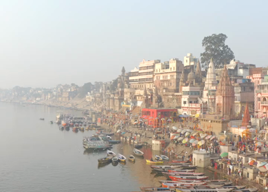 An Aerial shot of Ganga Ghat at Ganga River at Varansi,Banaras, Uttar Pradesh,India