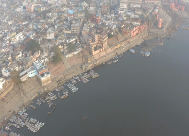 An Aerial shot of Ganga Ghat at Ganga River at Uttar Pradesh,India