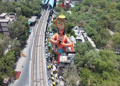 An Aerial Shot of Hanuman statue and Delhi Metro at Jhandewalah, New Delhi,India