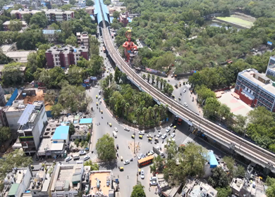 An Aerial Shot of Hanuman statue and Delhi Metro at Jhandewalah, New Delhi,India