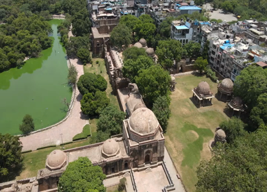 An Aerial Shot of Hauz Khas Fort and Lake at New Delhi,India 