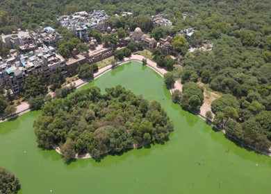 An Aerial Shot of Hauz Khas Fort and Lake at New Delhi,India 