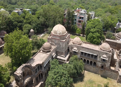 An Aerial Shot of Hauz Khas Fort and Lake at New Delhi,India 