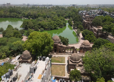 An Aerial Shot of Hauz Khas Fort and Lake at New Delhi,India 