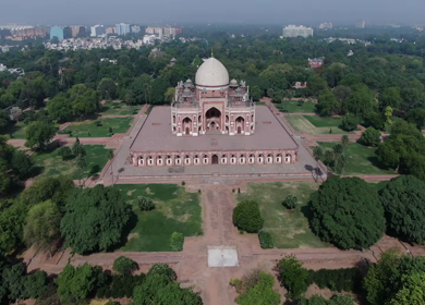 An aerial shot of the Humayuns Tomb at New Delhi in India