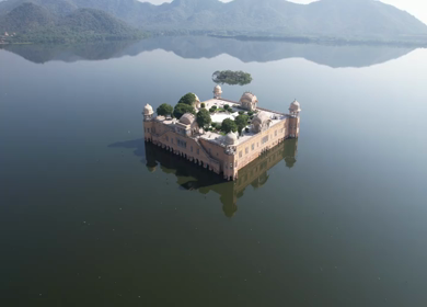 An Aerial Shot of Jal Mahal at Jaipur in Rajasthan,India