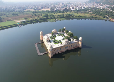 An Aerial Shot of Jal Mahal at Jaipur in Rajasthan,India