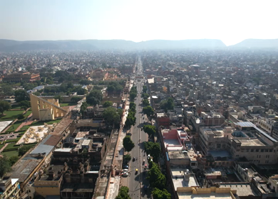 An Aerial Shot of Bapu Bazar and Jantar Mantar road at Jaipur, Rajashthan,India
