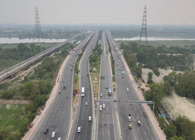 An aerial drone shot of the National Highway 24 in NCR, India