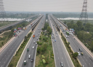 An aerial drone shot of the National Highway 24 in NCR, India