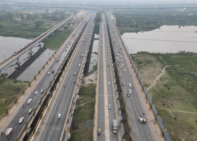 An aerial drone shot of the National Highway 24 in NCR, India