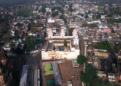 An Aerial Shot of Shri Ram Raja Mandir at Orchha, Madhya Pradesh, India