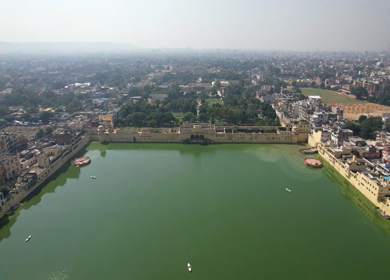 An Aerial Shot of Talkatora Lake and City Palace at Jaipur,Rajasthan,India